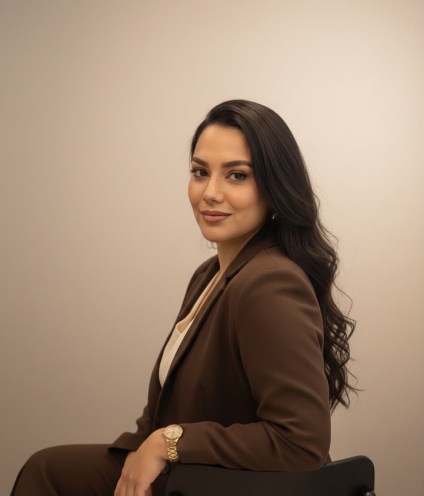 Eduarda Hora sentada de perfil, de blazer marrom, em ambiente claro