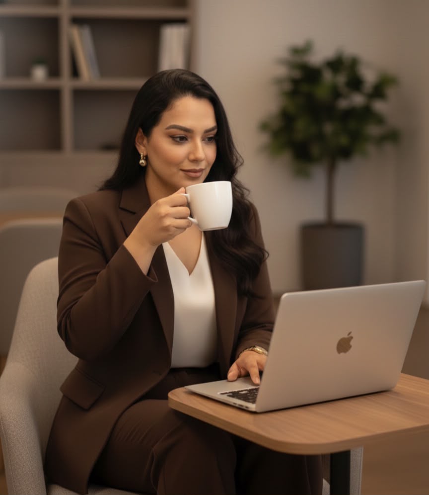 Eduarda Hora trabalhando no notebook, com uma xícara ao lado